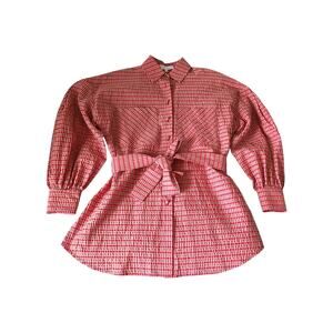Pearl by Lela Rose Red Check Cupro-Blend Belted Balloon Sleeve Tunic Top Size XS